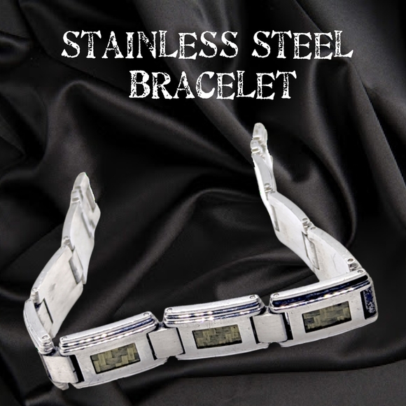 Stainless Steel Unisex Bracelet with Tungsten Green Fiber Accents - Picture 7 of 10